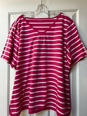 Talbots Pink and White Striped V-Neck Short Sleeve Top